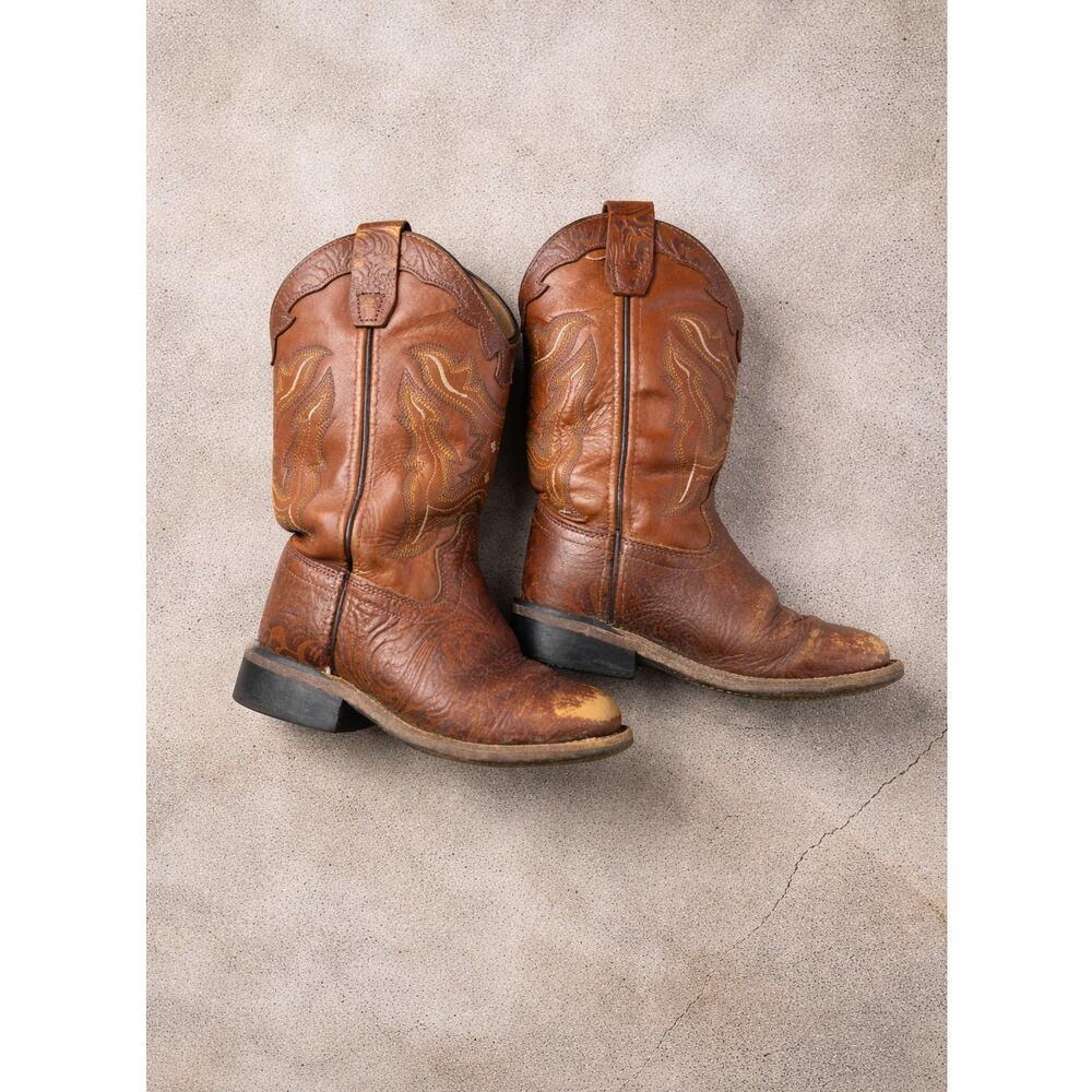 Old West Girls Boys Cowboy Leather Boots fits like Youth 4–5 Square Toe Western